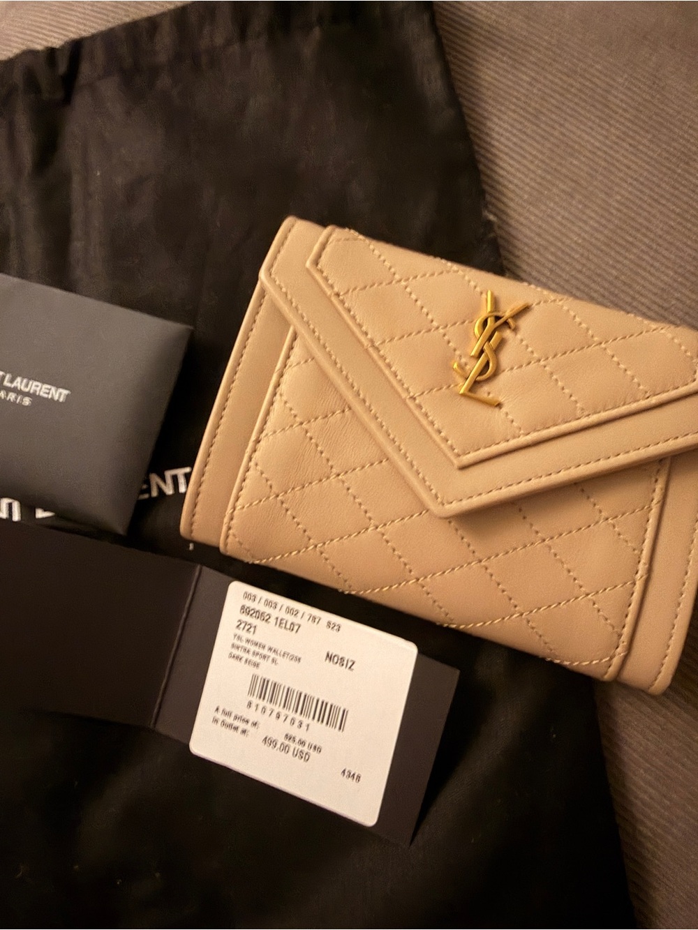 Saint Laurent Quilted Beige Leather Wallet with Gold YSL Monogram